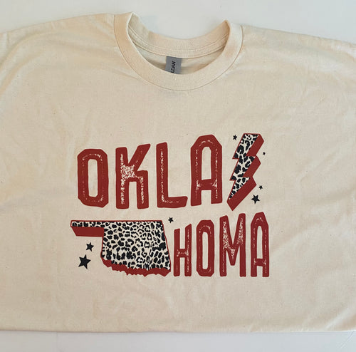 Oklahoma Leopard Bolt  Tee Natural/Tan Color