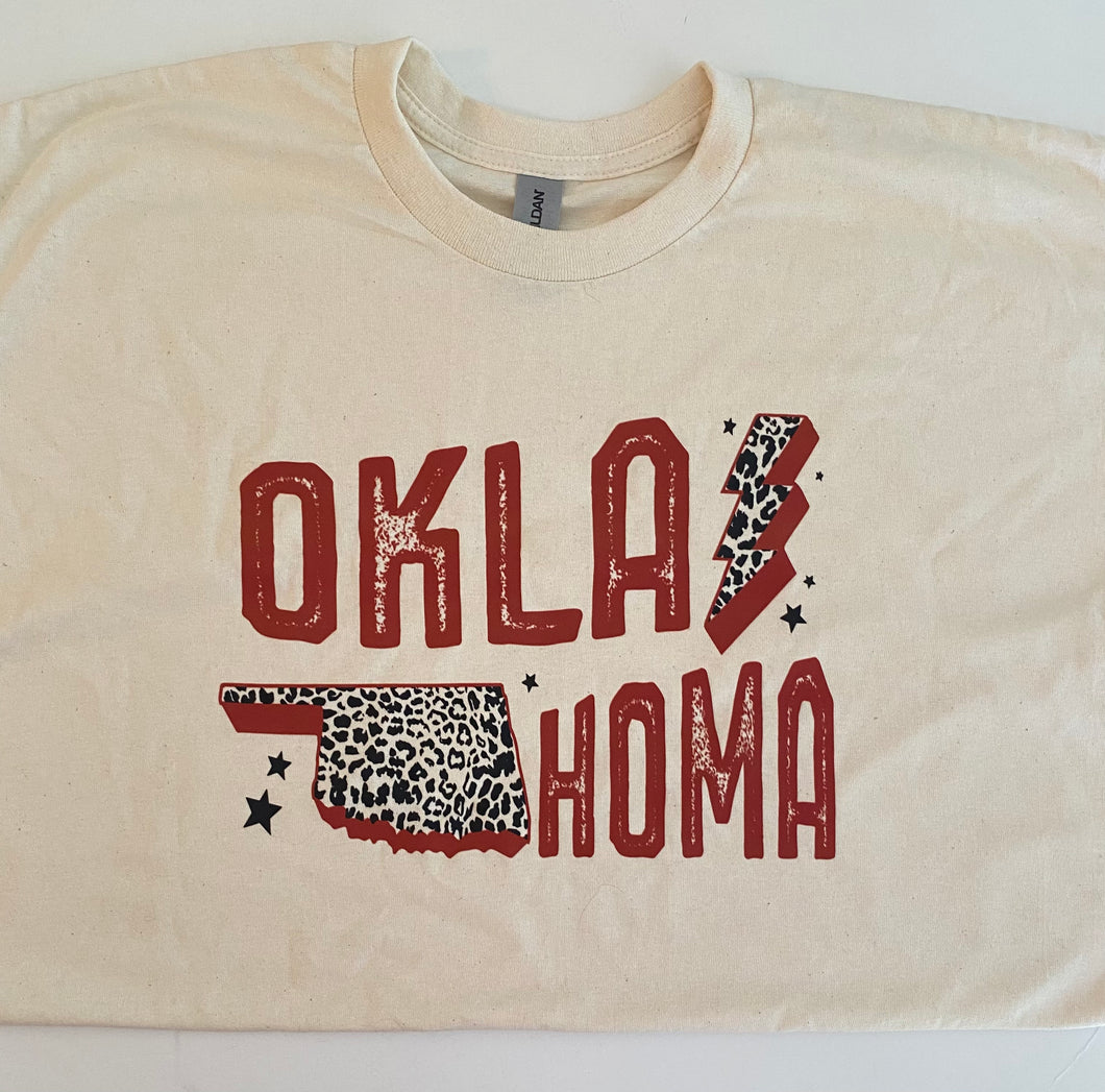 Oklahoma Leopard Bolt State Tee Natural/Tan Color