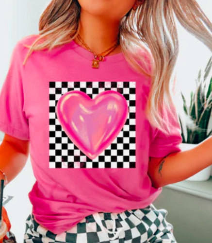 Distressed Pink Heart Checkered Shortsleeve Tee