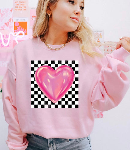Distressed Pink Heart Checkered Sweatshirt