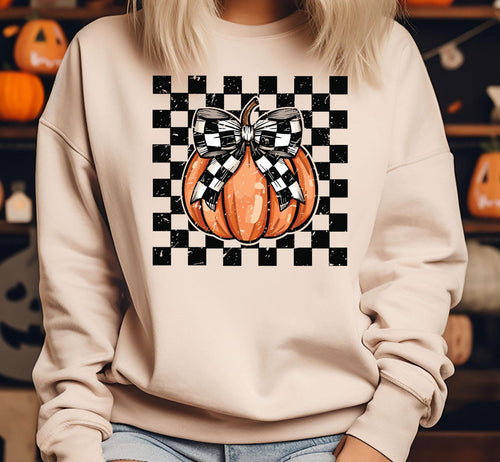 Checkered Pumpkin Check Bow Sweatshirt